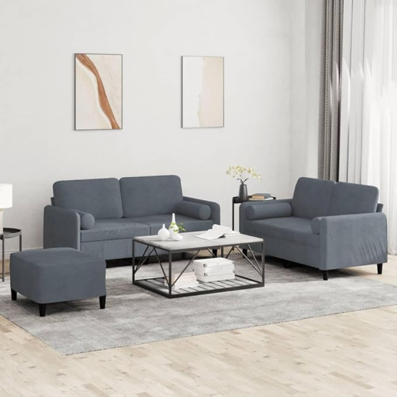 3-TLG. Sofagarnitur mit Kissen Dunkelgrau Samt, bequemes 3-TLG. Samt Sofa Set mit gepolsterten Sitzflächen für Wohnzimmer in Dunkelgrau, Sofagarnitur Samtstoff, Dunkelgraues Sofa
