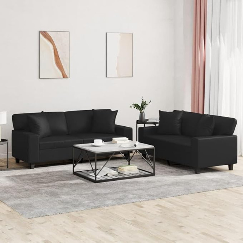 2-TLG. Sofagarnitur mit Kissen Sofa Wohnzimmer Sitzgruppe Wohnzimmer Sofos komplektas Sofas FüR Wohnzimmer Schwarz Kunstledererer - 3201924