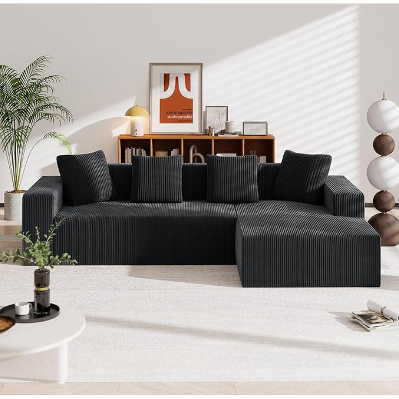 Sofa kampinė sofa Atsilenkianti sofa svetainei, L formos sofa su miego funkcija, nereikia surinkti Putų sofa šezlongas, juodos spalvos laidas