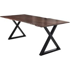 SAM Lubin Dining Table, 220 x 100 cm, Acacia Wood, Walnut-Coloured, Solid Dining Room Table with Real Wane, Wane Table with Closed X-Frame, Black, 26 mm Table Top