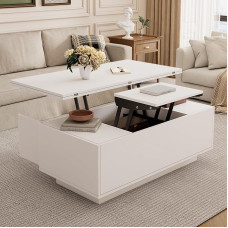 Soweiz Modern Coffee Table with Double Lifting Mechanism, Coffee Table Height Adjustable, Hidden Storage Space - Maximum Load 50 kg, 100 x 50 x 55.5 cm (White)