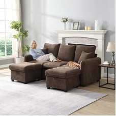 Multifunctional Corner Sofa U-Shape 3 Seater Upholstered Sofa with Storage Function - Includes Drawers + Stools with Storage Compartment. Modular Dismountable Sofa Set with Sleep Function