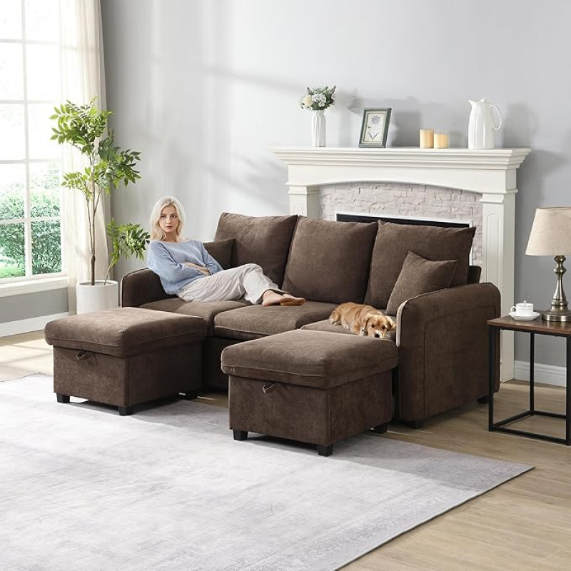Daugiafunkcinė kampinė U formos 3 sėdimųjų vietų minkšta sofa su saugojimo funkcija - apima stalčius + taburetės su laikymo skyriumi. Modulinis išardomas sofos komplektas su miego funkcija