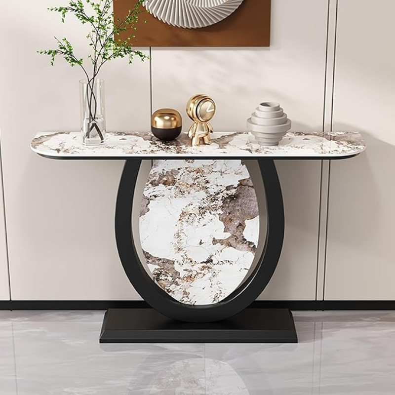 Šiuolaikinis švarko spalvos pusmėnulis, trumpas Steinplatte, rišlus, šmaikštus Eingang, Sofatisch, ovale Metallbasis für Flur und Korridor, Dekor (100 cm)