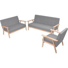 Bequemes 3-TLG. Sofa-Set in Stoff für Wohnzimmer, Retro Design mit Holzrahmen und Schaumstoffpolsterung in Hellgrau, inklusive Sessel, 2-Sitzer-Sofa und 3-Sitzer-Sofa