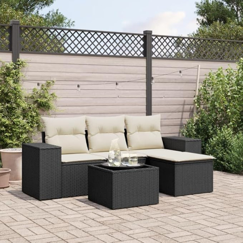 4-TLG. Garten-Sofagarnitur mit Kissen Schwarz Poly Rattan Outdoor Sofagarnitur Poly Rattan Gartenmöbel Set 4-TLG. Schwarz für Terrasse und Garten