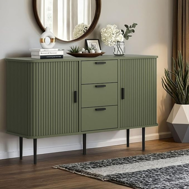 Galano Stanney Sideboard with 2 Sliding Doors and 3 Drawers, Modern Minimalist Storage Organiser for Your Home, Space Saving Sideboard, Adjustable Shelves, Green