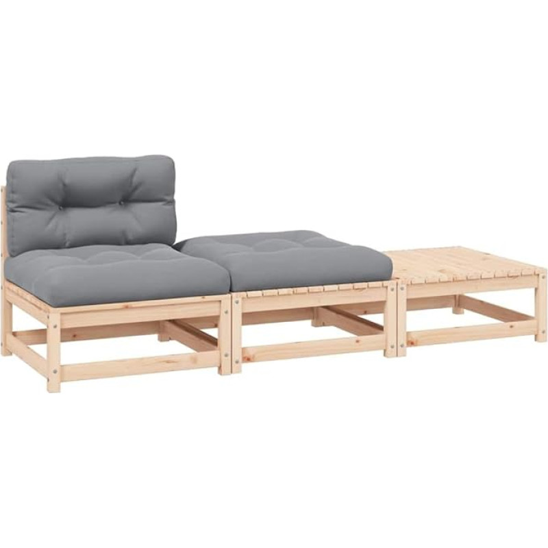 Massivholz Garten-Ecksofa Eckgarnitur aus Kiefernholz mit grauen Kissen modular kombinierbar 3-TLG. Rinkinys Gartenmöbel Lauko sofa-Ecksofa