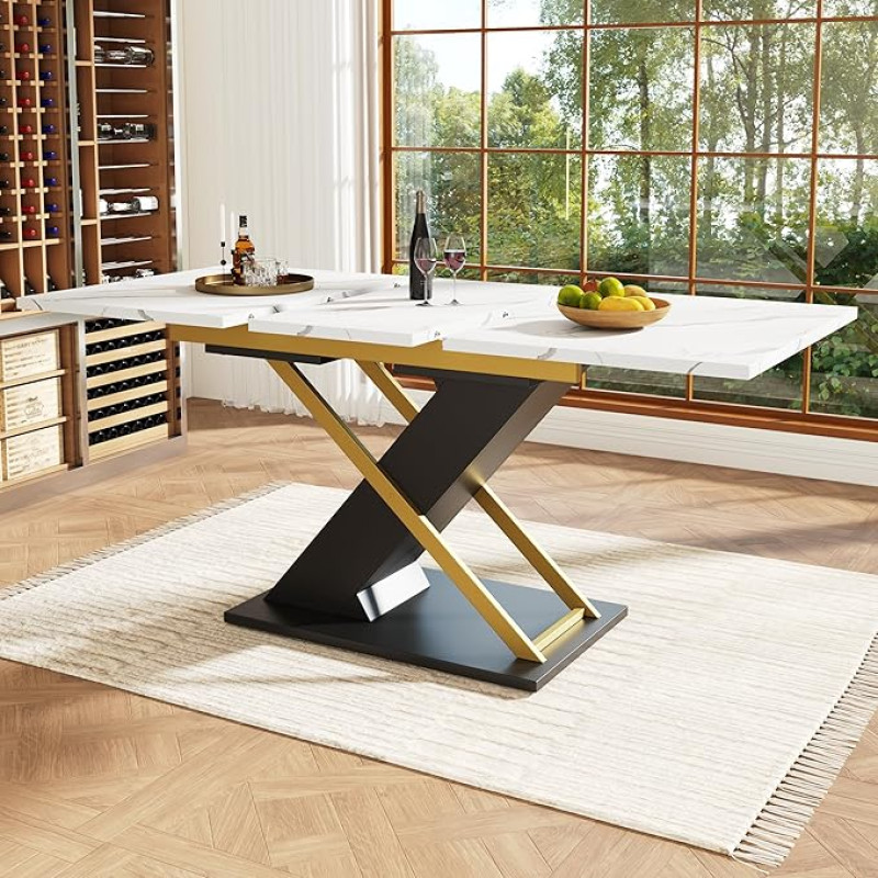 SUKY valgomojo stalas Išplečiamas stalas 120-160 × 80 cm Virtuvės svetainės stalas, išplečiamas naudojant vidinę plokštę iki 120-160 cm valgomojo stalo su auksinėmis kryžminėmis kojomis