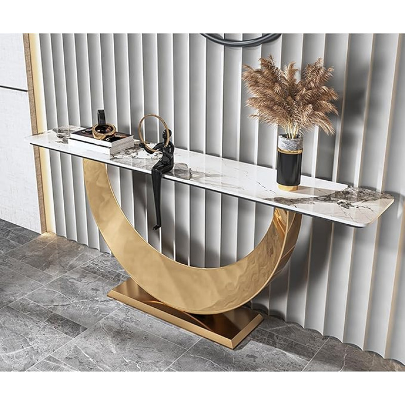Moderne Marmor-Konsolentisch, Eingangsbereich-Tisch mit Metallrahmen, Stabile und Zuverlässige Struktur, Sofa hinter der Couch, Akzent für Flur, Wohnzimmer(Gold,160x30x80cm)