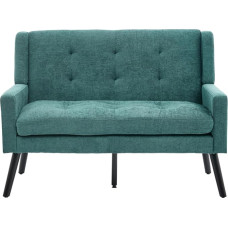 Maža dviejų vietų viduramžių retro stiliaus sofa su sagų pamušalu, aukštu atlošu ir medžio masyvo kojomis, žalias lininis audinys, skirta svetainei ir biurui