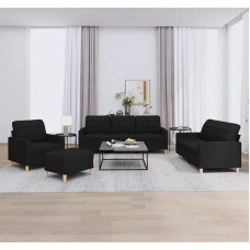 4 teilige Sofagarnitur Schwarz Stoff Modernes Ecksofa Sessel 2 3 Sitzer Couch mit Hocker 198 cm Breit Robust und Bequem für Wohnzimmer Büro Loungesessel kleine Räume