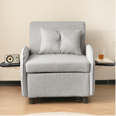 ANIROY 3-in-1 sofa-lova, miegamojo kėdė su lovos funkcija, viengulė lova, dienos lova, sofa-lova su sulankstomais arbatos staliukais svetainei, miegamajam, svečių kambariui (šviesiai pilka)
