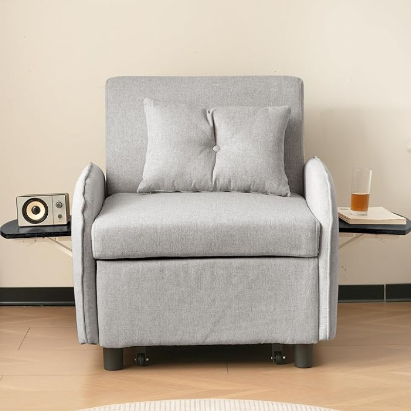 ANIROY 3-in-1 sofa-lova, miegamojo kėdė su lovos funkcija, viengulė lova, dienos lova, sofa-lova su sulankstomais arbatos staliukais svetainei, miegamajam, svečių kambariui (šviesiai pilka)