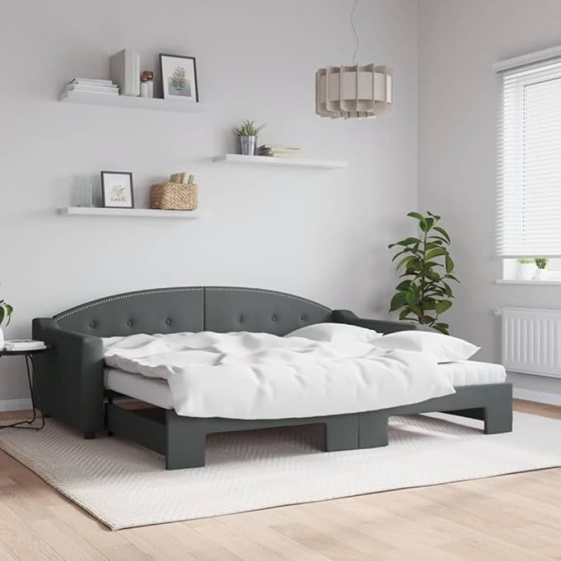 Dienos lova tamsiai pilka su čiužiniais, išskleidžiama sofa lova, 3 vietų sofa, ištraukiama lova, svečių lova, miegamojo sofa, svetainė, 90 x 200 cm