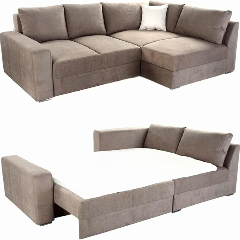 Kampinė sofa Ilgaamžė miegamoji vieta W260/T181/H88 cm Spyruoklinių spyruoklių sistema, įskaitant miego funkciją, lovos dėžė iš šaltųjų putų, tvirtinama kairėje arba dešinėje pusėje, mikropluošto užvalkalas, šviesiai ruda / 15108