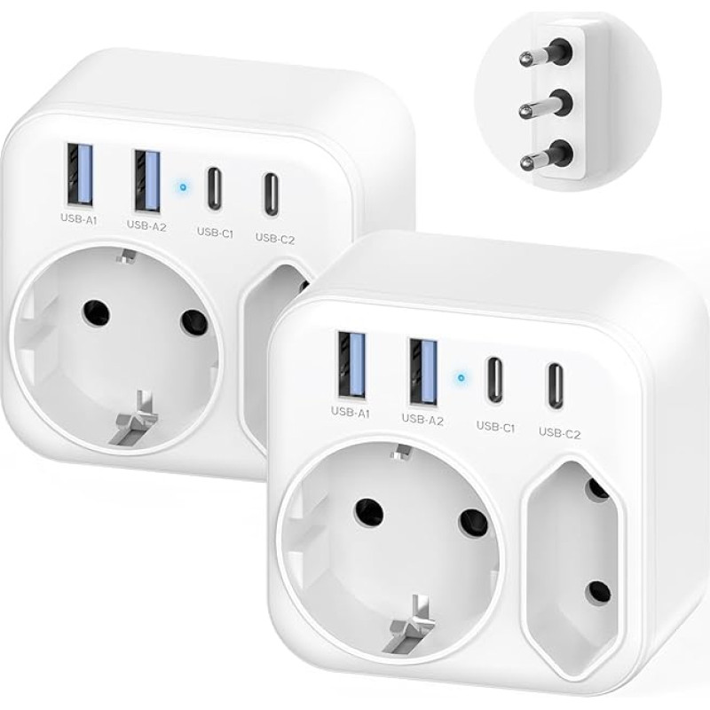 2 pakuotės kelioninis adapteris Italija su 4 USB (2 C tipo) ir 2 kintamosios srovės kištukiniais lizdais, 
