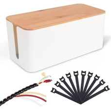 Cable Storage Box in White with Bamboo Wood Lid, Cable Management Box with Cable Spiral and Velcro Cable Ties, Socket Box for Cable Hiding 32 x 13.5 x 13 cm