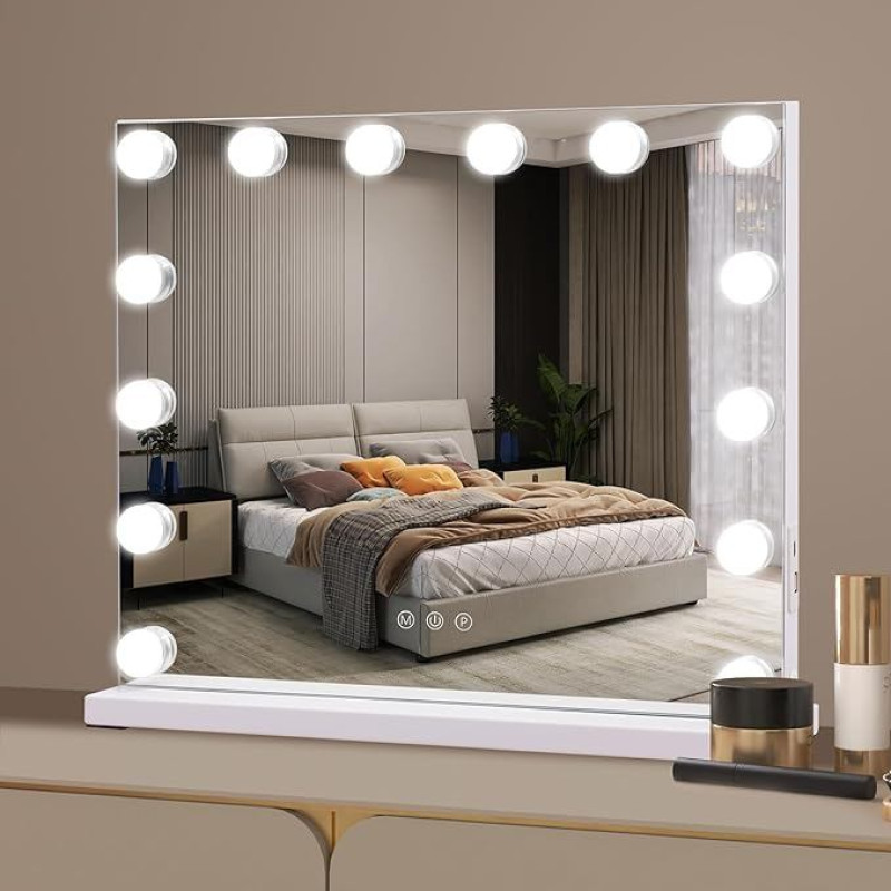 Hollywood Spiegel Hollywood Kosmetikspiegel mit Lichtern, 50 × 42 cm, großer beleuchteter Make-up-Spiegel mit 14 dimmbaren Glühbirnen, 3 Farbmodi, Touchscreen-Steuerung