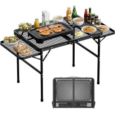 Grilltisch Klappbar 77cm Hoher, Grilltisch Outdoor Klappbar mit 2 Ausklappbare Seitenteile, Höhenverstellbarer Campingtisch, Klapptisch Camping mit Metallgitterplatte