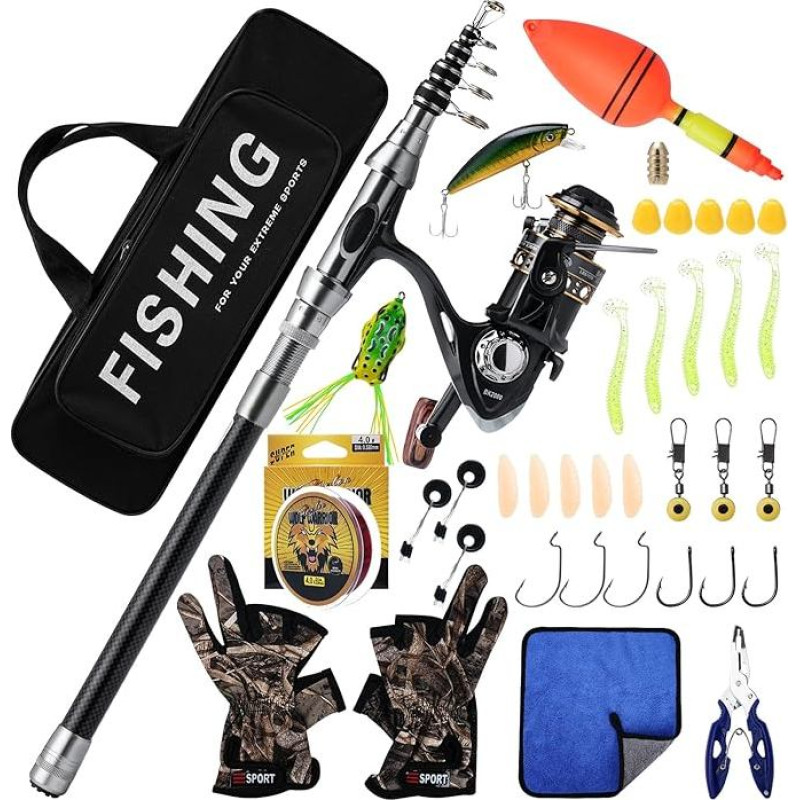 Telescopic Fishing Reel 2.1 m, Carbon Fibre Fishing Rod, Fishing Set Telescopic Rod with Reel, Lures, Fishing Accessories and Fishing Bag Combo for Fishing in Saltwater and Freshwater