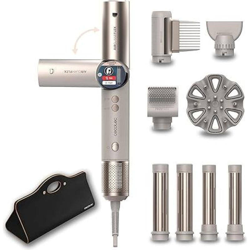 Cecotec Heißluftbürste AirGlisse 8in1 Flex Champagne. 1400 W, 110.000 U/min, Faltgriff, Keramik-Keratin + Ionen, Ionen Föhn Mit Diffusor, CoandaTech 32/38 mm, Für Glattes Styling Mit Volumen
