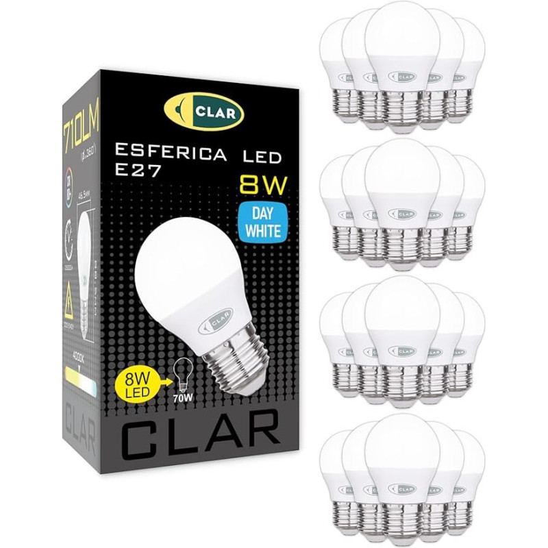 CLAR - 4000 K LED E27, lemputė E27, LED lemputė, lemputė, lemputė, lemputė, lemputė, 8 W (20 vnt.)