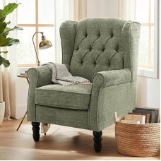 COLAMY Mid-Century Modern Living Room Armchair, Padded Wingback Chair with Button Quilting, Lounge Chair Cover Made of Fabric with Solid Wood Legs for Living Room, Office, Cafe - Green