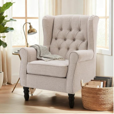 COLAMY Mid-Century Modern Living Room Armchair, Padded Wingback Chair with Button Quilting, Lounge Chair Cover Made of Fabric with Solid Wood Legs for Living Room, Office, Cafe - Beige