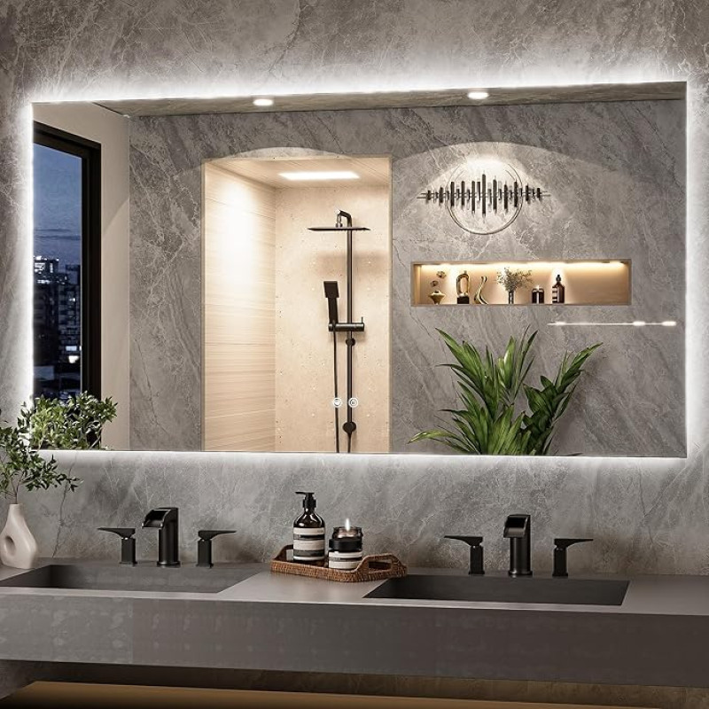 TETOTE Bathroom Mirror with Lighting, 150 x 80 cm, Rectangular LED Bathroom Mirror without Frame, Wall Mirror with Touch Switch, 3 Light Colours, Dimmable, Anti-Fog, Memory Function, IP44