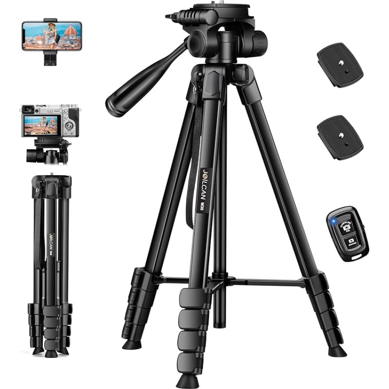 JOILCAN Tripod Camera, 171 cm Extendable Mobile Phone Tripod with Remote Shutter & Phone Holder, 3-Way Swivel Head Tripod Stand for iPhone/Samsung/Huawei/Xiaomi Smartphone/Small Camera, Load Capacity 3.5 kg