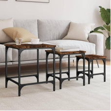 Industrielles Design Couchtischset mit ineinander steckbaren Beistelltischen und stabilem Metallrahmen - 3 STK. Räuchereiche Holzwerkstoff