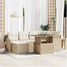7-teiliges Outdoor-Sofa-Set mit Eckstuhl, Tisch und Kissen aus schwarzem Poly Rattan - Gartenmöbel-Set mit Sicherheitsglas-Tisch