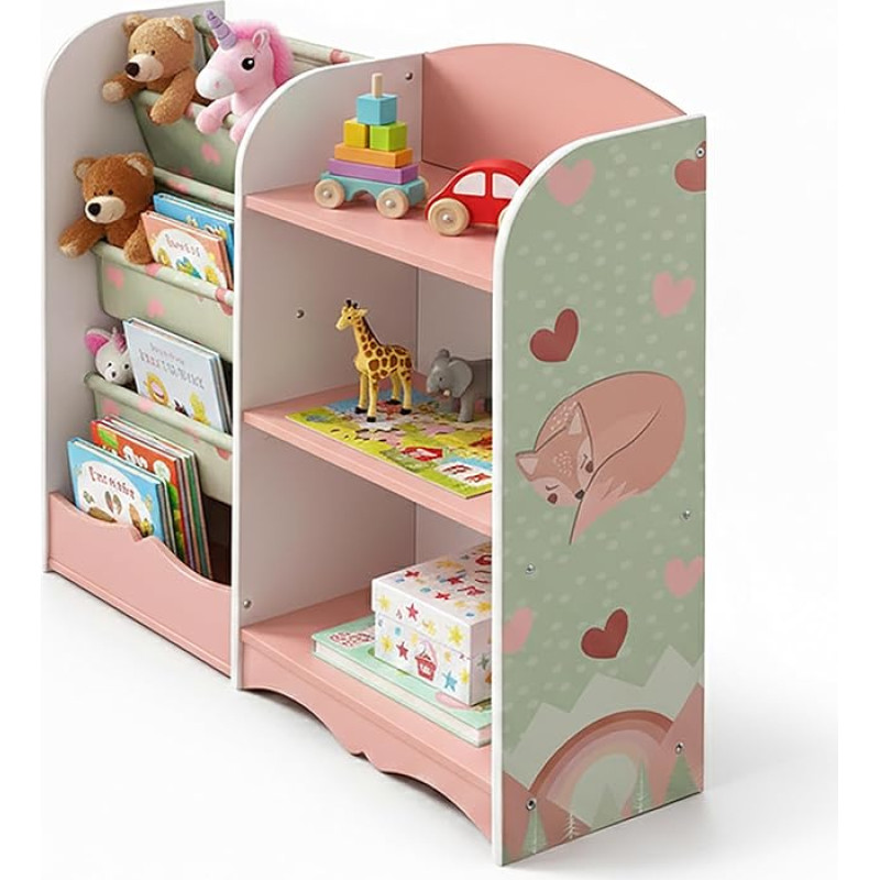 Relaxdays Children's Shelf, H x W x D: 80 x 82 x 26 cm, 4 Compartments, 3 Hanging Compartments, Storage Shelf, Children's Room, MDF, Pink/Green