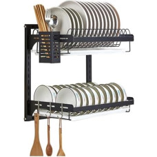 Wandmontierter Geschirrständer, Abtropfschale aus Edelstahl mit Essstäbchenhalter und 3 Haken, platzsparender Küchenorganizer für die Arbeitsplatte