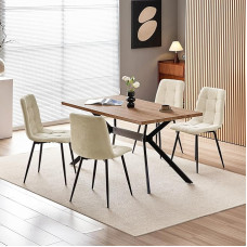 WAFTING Dining Set with 4 Chairs, 140 x 80 x 73 cm Dining Table with Dark Wood Grain and Padded Beige Dining Room Chairs with High Backrest and Linen Design for Kitchen, Dining Room, Living Room