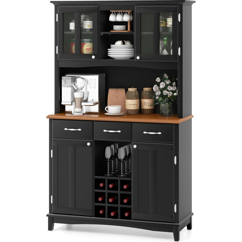 GIANTEX Kitchen Cabinet Buffet Cabinet with Wine Rack, Kitchen Buffet Sideboard with 3 Drawers & 4 Cabinets with Doors, Storage Cabinet Tall Cabinet with Adjustable Shelves, 112 x 43 x 184.5 cm (Black)