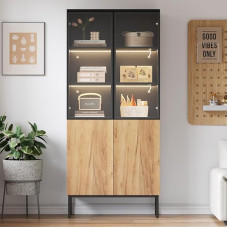 Vitrina su LED apšvietimu, 74 x 31 x 180 cm stiklinė vitrina su 2 stiklinėmis durelėmis ir 2 lentynomis, aukšta spinta, stovinti spinta, knygų spinta, virtuvės spintelė svetainei