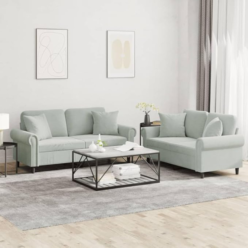 LAPOOH 2-TLG. Sofagarnitur mit Kissen Hellgrau Samt, Loungesofa, Sofos ir sofos, Relaxsofa, Couch für Wohnzimmer - 3202230