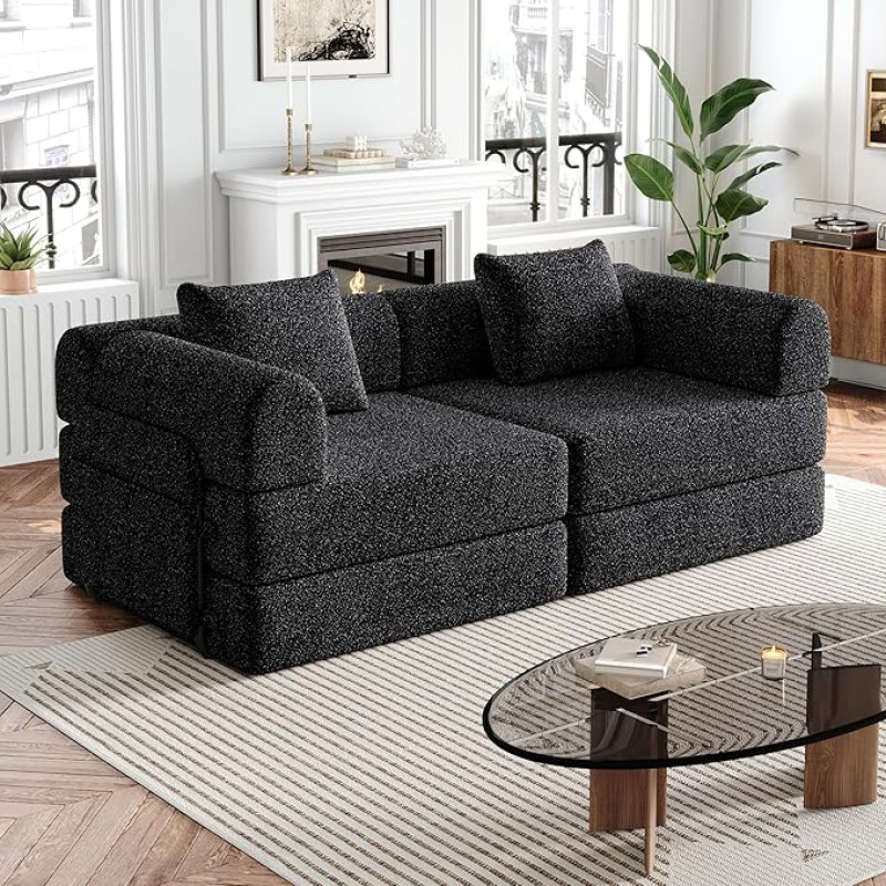 Homgoday Chenille Sofa Bed 2-in-1 with Storage Compartment in the Armrest, Three Metal Frames and Multiple Configuration Options. Two-piece Sofa Set W3349S00019