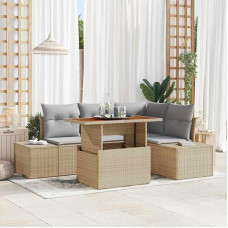 Modernes Garten Sofa Set mit Stauraum, Modulares Outdoor Sofa Set Poly Rattan, Poly Rattan Garten Sofaset 5 Stück, Gartenmöbel 5-teilig Schwarz Cremefarben mit Kissen