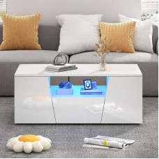 BTM 100 x 50 x 40 cm kavos staliukas, LED lemputė, blizgus svetainės staliukas, 2 spintelės, šoninis staliukas, kavos staliukas, stalčius, netaisyklingo dizaino, baltas