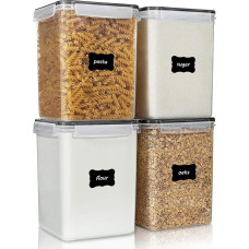 Vtopmart 5.2 L Large Storage Jars with Lid, Airtight, Pack of 4 Plastic Storage Boxes, Kitchen Organiser, BPA-Free, Storage Container for Sugar and Flour with Labels and Measuring Cups