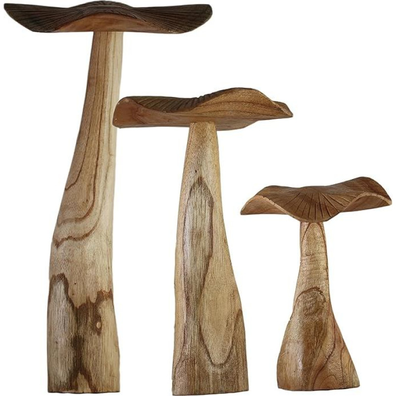 ART-CRAFT Natural Wooden Mushroom Decoration Set with 3 Hand-Carved Mushrooms 40-30-20 cm High - Natural Garden and Porch Decoration