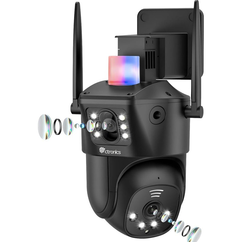 Ctronics 2-in-1: Outdoor Surveillance Camera with Dual Lens, 2.4/5GHz WiFi, Car Tracking, Human Detection, Control via Phone/PC, 30 m Colour Night Vision, 24/7 Cloud Storage/128GB TF