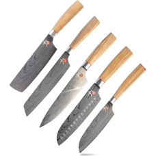 MasterPro Tetsu : Küchenmesser : Komplettes Set mit 5 japanischen Messern : Perfekt zum Schneiden aller Arten von Lebensmitteln : Professionelle Küche : Griffe aus Olivenholz
