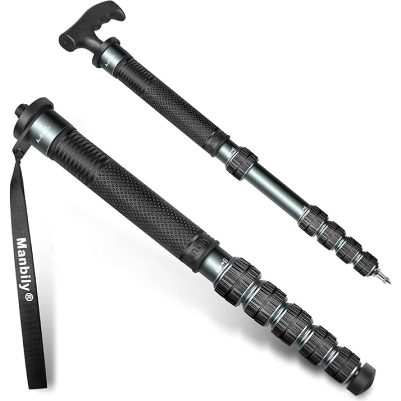 Manbily 32 mm monopodas fotoaparatams 44 cm - 174 cm Aliumininis monopodas Trikojis DSLR kelioninis monopodas su vaikščiojimo lazdos rankena 6 sekcijos žygių lazdos Max. 15 kg su telefono spaustuku Vaizdo kamera (metalinė pilka)