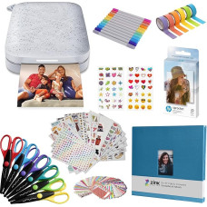 HP Sprocket Portable 2 x 3 Inch Instant Photo Printer (White) Set: Zinc Paper Pack of 20, Photo Album, Scissors, Markers, Sticker Sets