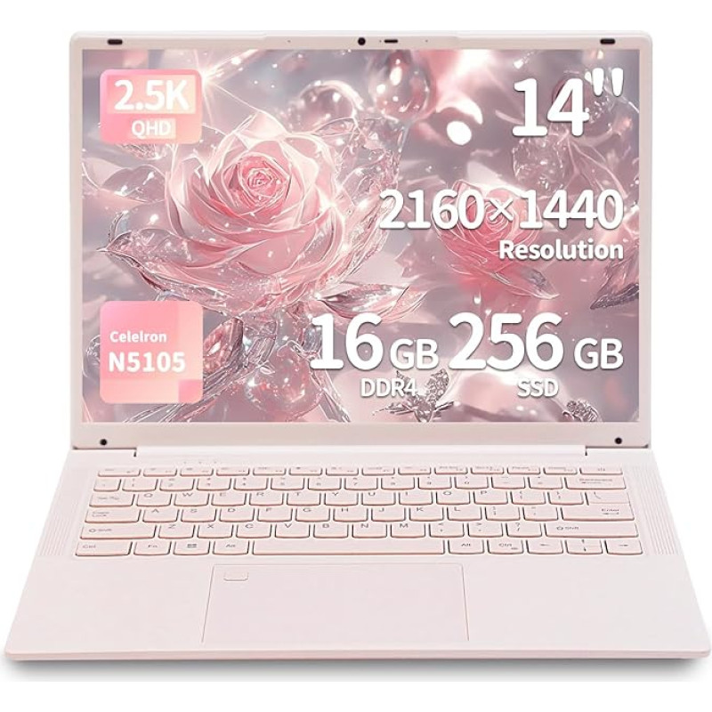 Kompiuteris su 14,1 Zoll, procesorius Celeron N5105, pirštų atspaudai, skonio jutiklis, Push-Pull-Kamera, Win 11, Typ-C, USB3.0 x 3, WiFi/BT 5.0 (Rosa, 16 G + 256 GB SSD)