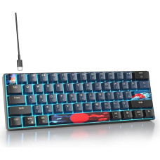 60 % procentų klaviatūra, laidinė mini mechaninė žaidimų klaviatūra, ledinės mėlynos spalvos, LED foninis apšvietimas, 61 